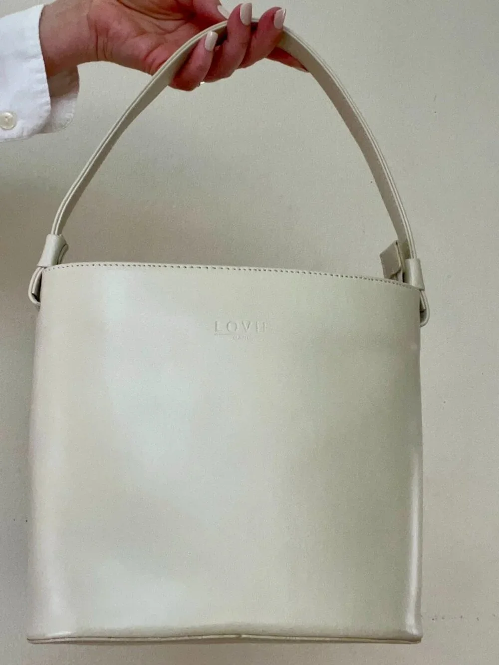 LOVIE Paris Faux Leather Cream Lady Like Top Handle Structured Bucket Crossbody